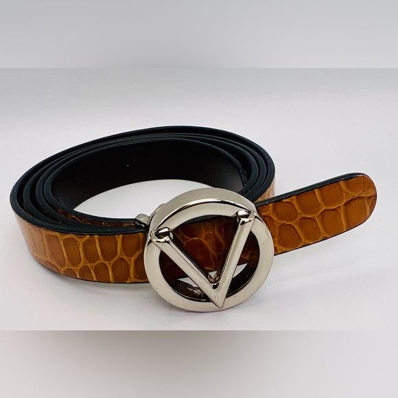 Valentino by Mario Valentino Crocodile Embossed Brown Leather w/Silver Logo Belt
